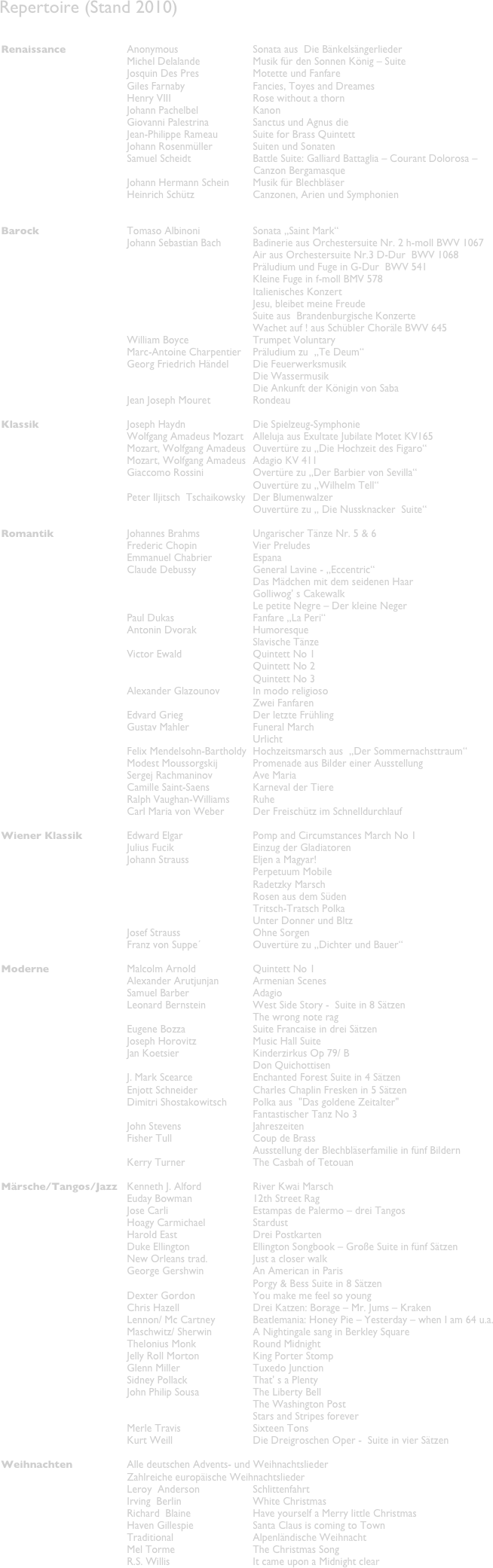 Repertoire (Stand 2010)


Renaissance 	Anonymous	Sonata aus  Die Bänkelsängerlieder
	Michel Delalande	Musik für den Sonnen König – Suite 
	Josquin Des Pres	Motette und Fanfare 
	Giles Farnaby	Fancies, Toyes and Dreames
	Henry VIII	Rose without a thorn
	Johann Pachelbel	Kanon
	Giovanni Palestrina	Sanctus und Agnus die 
	Jean-Philippe Rameau	Suite for Brass Quintett
	Johann Rosenmüller	Suiten und Sonaten
	Samuel Scheidt	Battle Suite: Galliard Battaglia – Courant Dolorosa – 
                                                                                      Canzon Bergamasque
	Johann Hermann Schein	Musik für Blechbläser
	Heinrich Schütz	Canzonen, Arien und Symphonien
		
		
Barock 	Tomaso Albinoni	Sonata „Saint Mark“
	Johann Sebastian Bach	Badinerie aus Orchestersuite Nr. 2 h-moll BWV 1067
		Air aus Orchestersuite Nr.3 D-Dur  BWV 1068
		Präludium und Fuge in G-Dur  BWV 541
		Kleine Fuge in f-moll BMV 578
		Italienisches Konzert
		Jesu, bleibet meine Freude 
		Suite aus  Brandenburgische Konzerte
		Wachet auf ! aus Schübler Choräle BWV 645
	William Boyce	Trumpet Voluntary
	Marc-Antoine Charpentier	Präludium zu  „Te Deum“
	Georg Friedrich Händel	Die Feuerwerksmusik
		Die Wassermusik
		Die Ankunft der Königin von Saba
	Jean Joseph Mouret	Rondeau
		
Klassik	Joseph Haydn	Die Spielzeug-Symphonie 
	Wolfgang Amadeus Mozart	Alleluja aus Exultate Jubilate Motet KV165
	Mozart, Wolfgang Amadeus	Ouvertüre zu „Die Hochzeit des Figaro“
	Mozart, Wolfgang Amadeus	Adagio KV 411
	Giaccomo Rossini	Overtüre zu „Der Barbier von Sevilla“
		Ouvertüre zu „Wilhelm Tell“
	Peter Iljitsch  Tschaikowsky	Der Blumenwalzer
		Ouvertüre zu „ Die Nussknacker  Suite“
		
Romantik	Johannes Brahms	Ungarischer Tänze Nr. 5 & 6
	Frederic Chopin	Vier Preludes
	Emmanuel Chabrier	Espana 
	Claude Debussy	General Lavine - „Eccentric“
		Das Mädchen mit dem seidenen Haar
		Golliwog' s Cakewalk
		Le petite Negre – Der kleine Neger
	Paul Dukas	Fanfare „La Peri“
	Antonin Dvorak	Humoresque
		Slavische Tänze 
	Victor Ewald	Quintett No 1
		Quintett No 2
		Quintett No 3
	Alexander Glazounov	In modo religioso
		Zwei Fanfaren 
	Edvard Grieg	Der letzte Frühling 
	Gustav Mahler	Funeral March
		Urlicht
	Felix Mendelsohn-Bartholdy	Hochzeitsmarsch aus  „Der Sommernachsttraum“ 
	Modest Moussorgskij	Promenade aus Bilder einer Ausstellung 
	Sergej Rachmaninov	Ave Maria
	Camille Saint-Saens	Karneval der Tiere
	Ralph Vaughan-Williams	Ruhe 
	Carl Maria von Weber	Der Freischütz im Schnelldurchlauf 
		
Wiener Klassik	Edward Elgar	Pomp and Circumstances March No 1
	Julius Fucik	Einzug der Gladiatoren
	Johann Strauss	Eljen a Magyar!
		Perpetuum Mobile
		Radetzky Marsch
		Rosen aus dem Süden 
		Tritsch-Tratsch Polka
		Unter Donner und Bltz
	Josef Strauss	Ohne Sorgen
	Franz von Suppe´	Ouvertüre zu „Dichter und Bauer“
		
Moderne	Malcolm Arnold	Quintett No 1
	Alexander Arutjunjan	Armenian Scenes
	Samuel Barber	Adagio 
	Leonard Bernstein	West Side Story -  Suite in 8 Sätzen
		The wrong note rag
	Eugene Bozza	Suite Francaise in drei Sätzen
	Joseph Horovitz	Music Hall Suite
	Jan Koetsier	Kinderzirkus Op 79/ B
		Don Quichottisen
	J. Mark Scearce	Enchanted Forest Suite in 4 Sätzen 
	Enjott Schneider	Charles Chaplin Fresken in 5 Sätzen 
	Dimitri Shostakowitsch 	Polka aus  "Das goldene Zeitalter"
		Fantastischer Tanz No 3
	John Stevens	Jahreszeiten 
	Fisher Tull	Coup de Brass
		Ausstellung der Blechbläserfamilie in fünf Bildern 
	Kerry Turner	The Casbah of Tetouan
		
Märsche/Tangos/Jazz 	Kenneth J. Alford	River Kwai Marsch
	Euday Bowman	12th Street Rag
	Jose Carli	Estampas de Palermo – drei Tangos
	Hoagy Carmichael	Stardust
	Harold East	Drei Postkarten 
	Duke Ellington 	Ellington Songbook – Große Suite in fünf Sätzen 
	New Orleans trad.	Just a closer walk 
	George Gershwin 	An American in Paris 
		Porgy & Bess Suite in 8 Sätzen  
	Dexter Gordon	You make me feel so young
	Chris Hazell	Drei Katzen: Borage – Mr. Jums – Kraken
	Lennon/ Mc Cartney	Beatlemania: Honey Pie – Yesterday – when I am 64 u.a. 
	Maschwitz/ Sherwin	A Nightingale sang in Berkley Square
	Thelonius Monk	Round Midnight
	Jelly Roll Morton	King Porter Stomp
	Glenn Miller	Tuxedo Junction
	Sidney Pollack	That' s a Plenty
	John Philip Sousa 	The Liberty Bell
		The Washington Post
		Stars and Stripes forever 
	Merle Travis	Sixteen Tons
	Kurt Weill	Die Dreigroschen Oper -  Suite in vier Sätzen 
		
Weihnachten 	Alle deutschen Advents- und Weihnachtslieder
	Zahlreiche europäische Weihnachtslieder
	Leroy  Anderson	Schlittenfahrt 
	Irving  Berlin	White Christmas
	Richard  Blaine	Have yourself a Merry little Christmas
	Haven Gillespie	Santa Claus is coming to Town
	Traditional	Alpenländische Weihnacht
	Mel Torme	The Christmas Song
	R.S. Willis	It came upon a Midnight clear

                               	




   